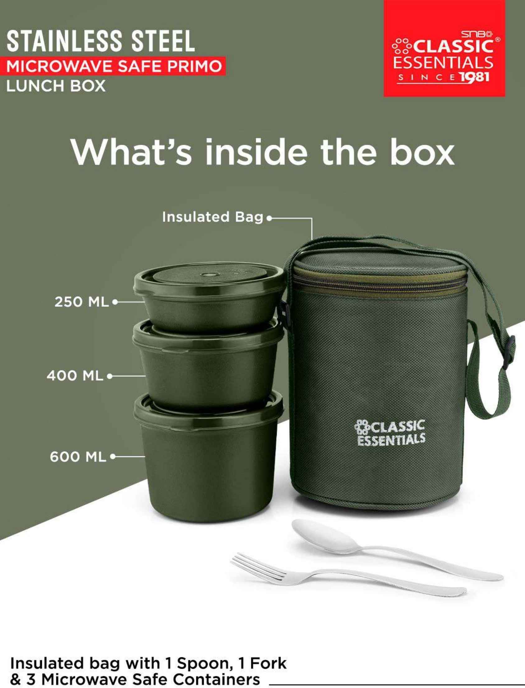 Classic Essentials Microwavable Insulated 3 Containers Meal Pro