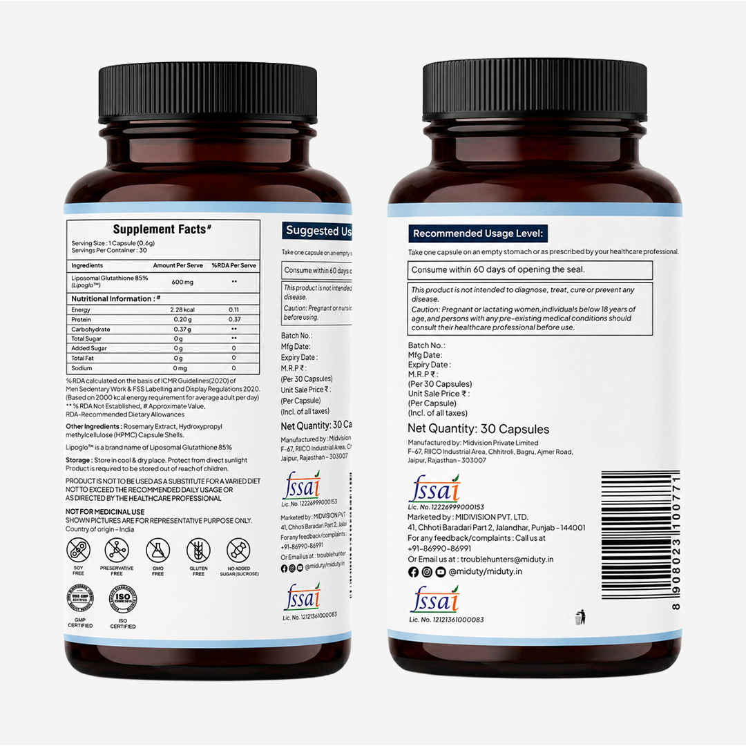 Miduty Liposomal Glutathione 85% 600mg - Buy at ₹2054 Online | Instant Delivery