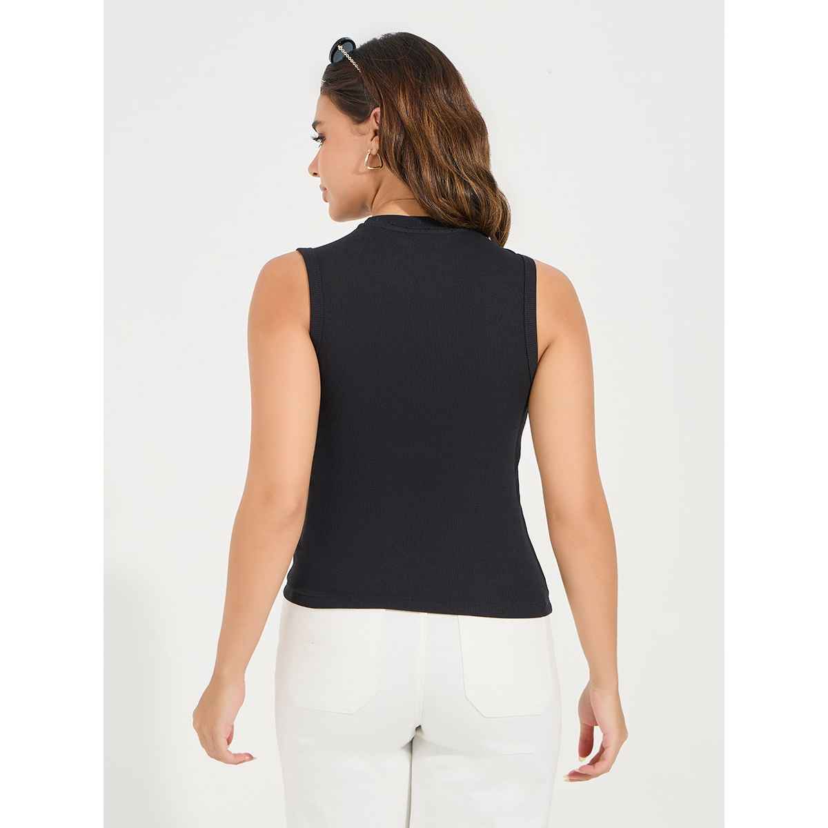 Styli Women Black Ribbed High Neck Fitted Tank Top L - Buy at