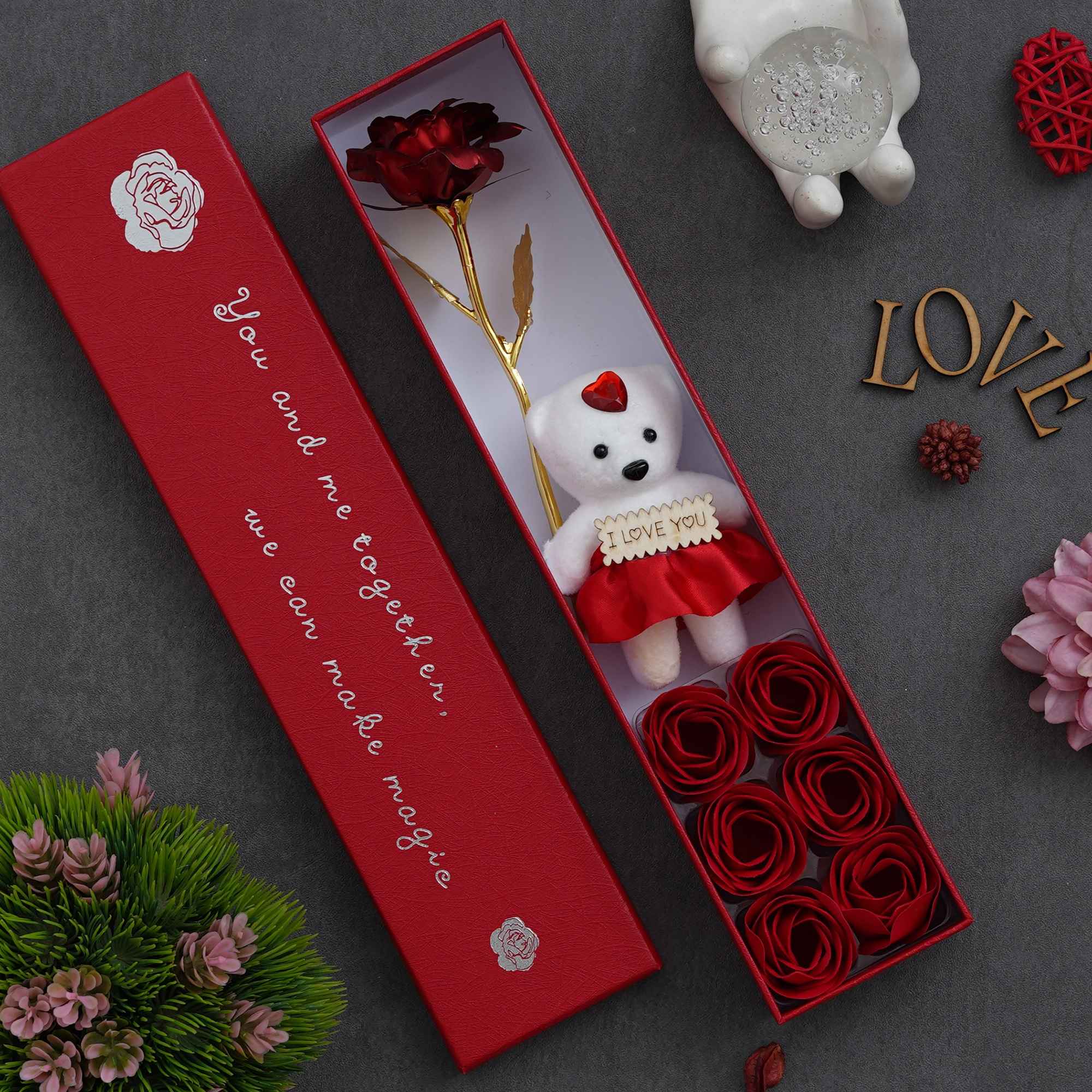 eCraftIndia Red Gift Box with Teddy, Rose Showpiece, and 6 Flowers
