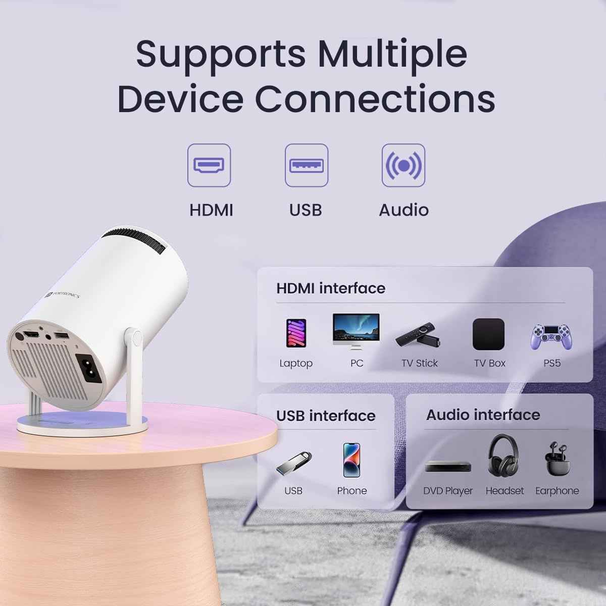 Portronics Beem 440 Smart LED Projector, 720p HD, Built-in Apps