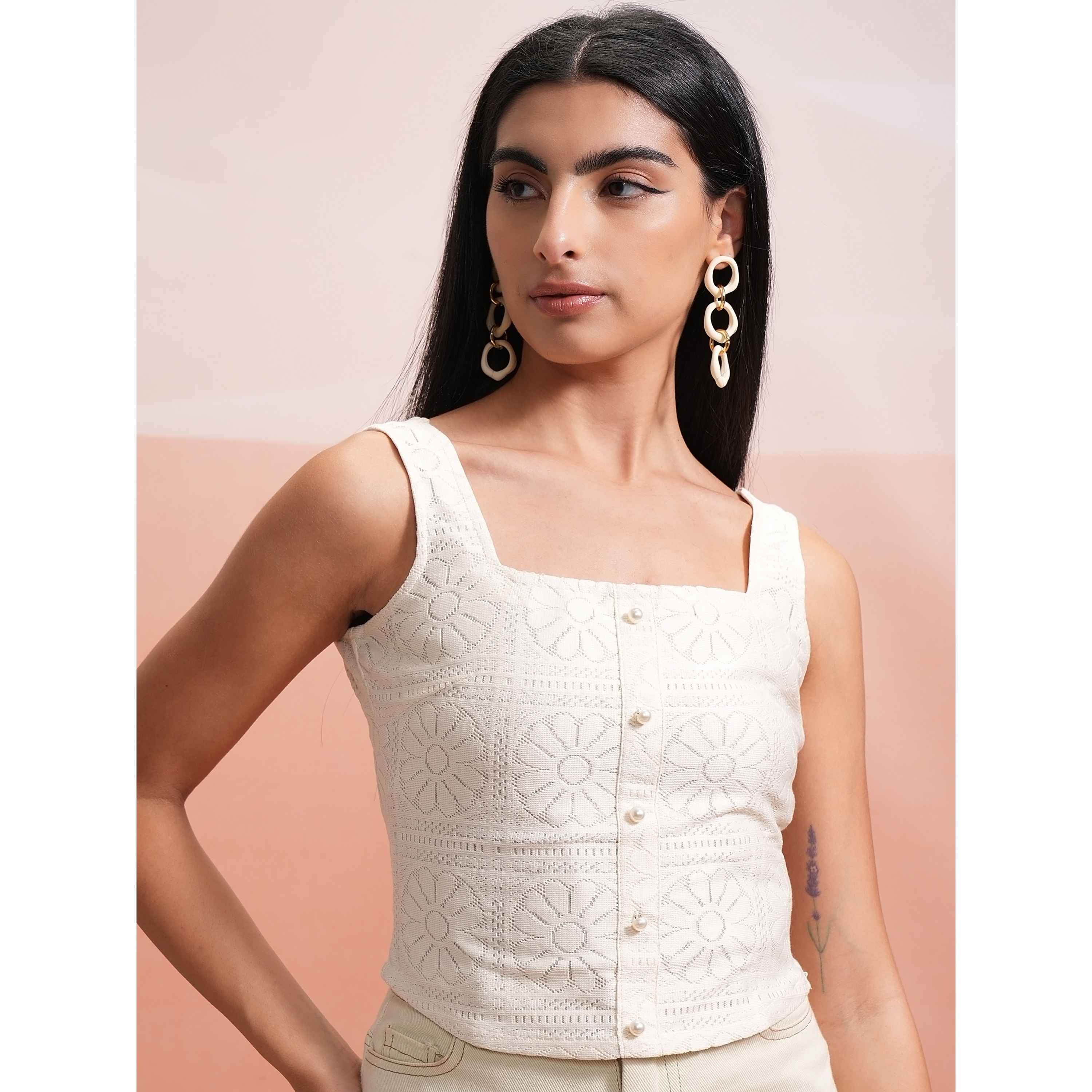 Tokyo Talkies Women's Cropped Solid Crochet Sleeveless Top - Buy