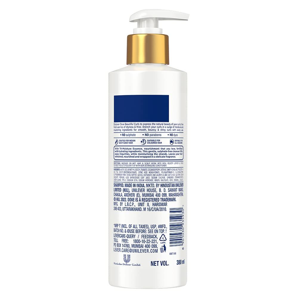 Dove Beautiful Curls Sulphate Free Hydrating Shampoo No Parabens & Dyes Made For Curly Hair