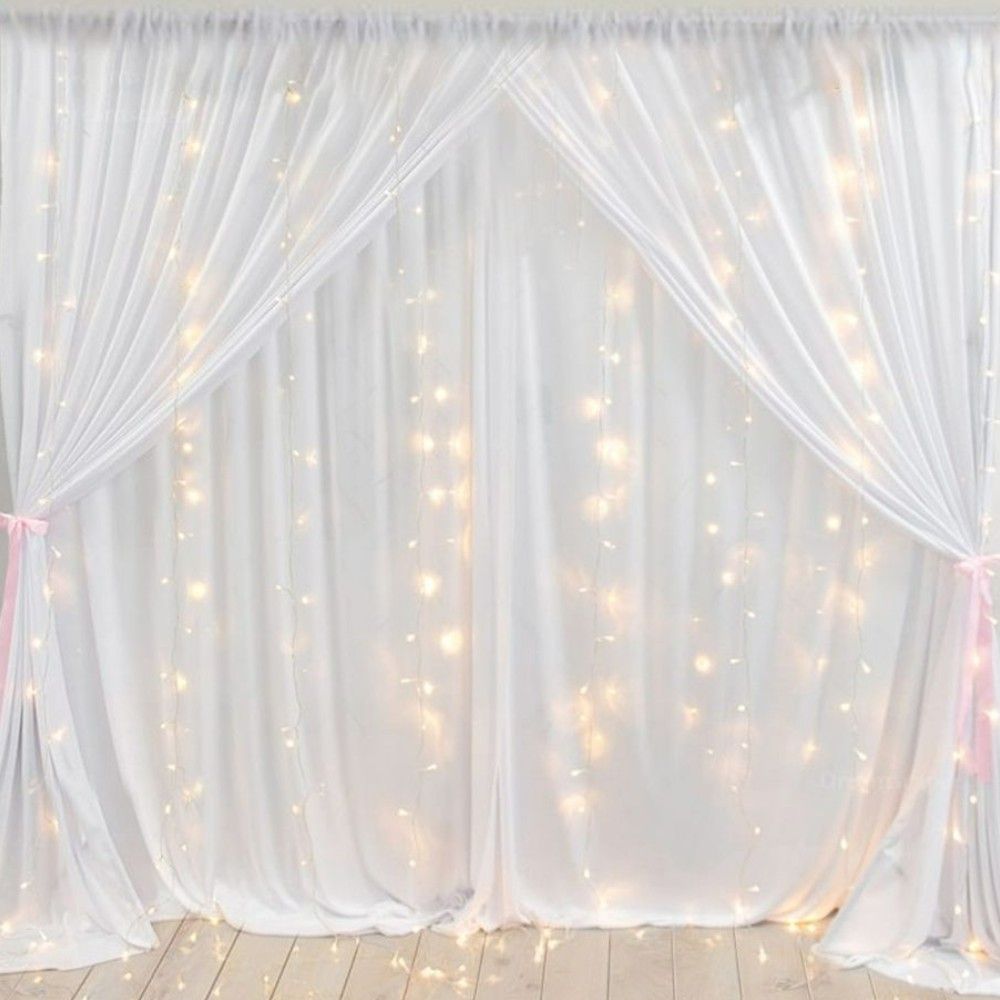 Festive/ Party Decoration Combo (2 Pcs White Net Curtains, 2 Pcs Led Fairy Lights, 1 Pc Ribbon)