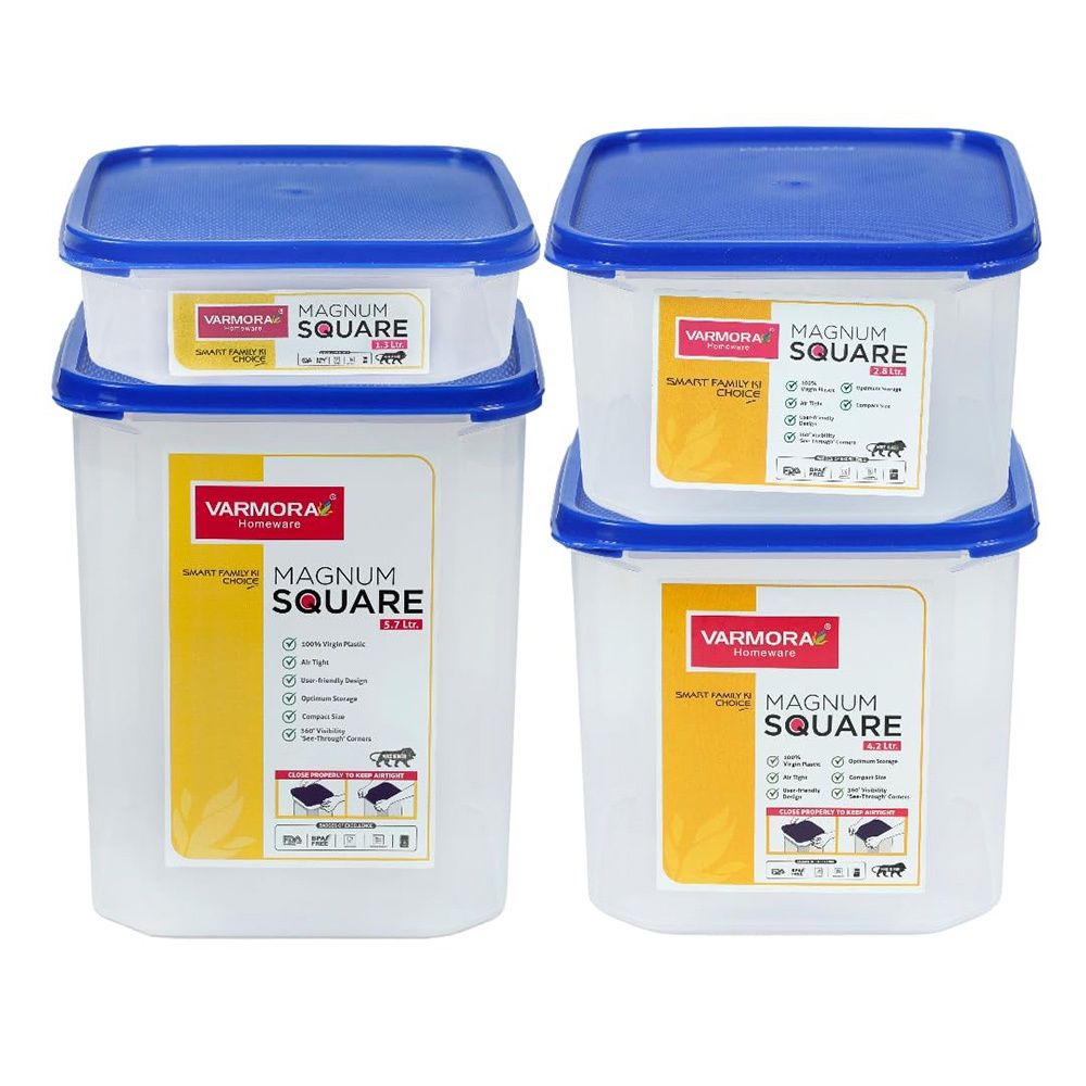 Varmora Magnum Square Storage Container Transparent- 4 pcs Set Blue lid-Air-Tight