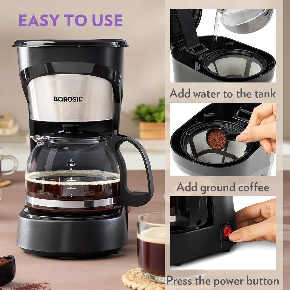 Borosil 550W Brew Pro Drip Coffee Machine Borosilicate Glass Carafe (600 ml),6 Cups Capacity,