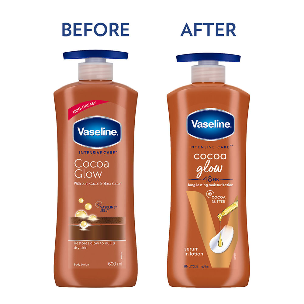 Vaseline Cocoa Glow Serum In Lotion, 100% Pure Cocoa & Shea Butter for Glowing & Soft Skin 600 ml X 2 Combo
