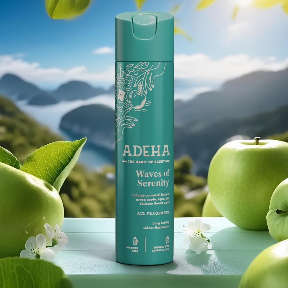 Adeha Air Freshener Whispering Woods Pouch (20g) & Adeha Room Freshener Spray Waves Of Serenity (218ml) Combo