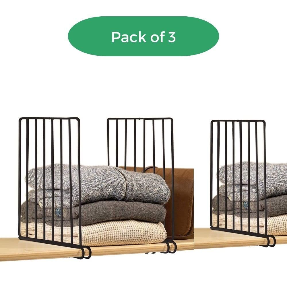 Go Hooked Wardrobe Shelf Divider Cloth Organizer | Wardrobe Separator | Metal Black | Set Of 3