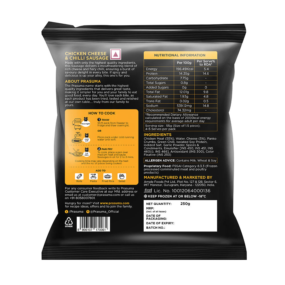 Prasuma Frozen Chicken Cheese & Chilli Sausage 250 g Combo