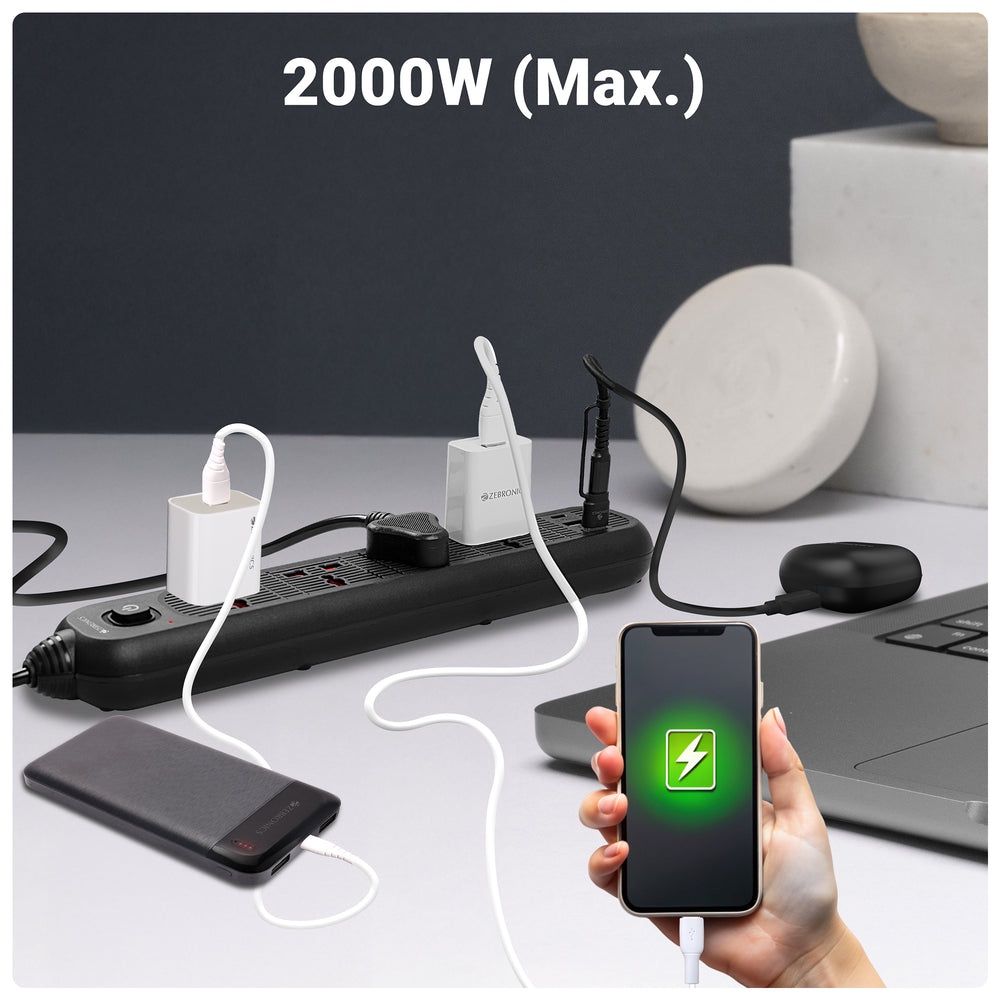 Zebronics Power Bar 145 | 2000W | 1 x Type C Port | 4 x Universal Socket | 2 x USB Port | 5 m