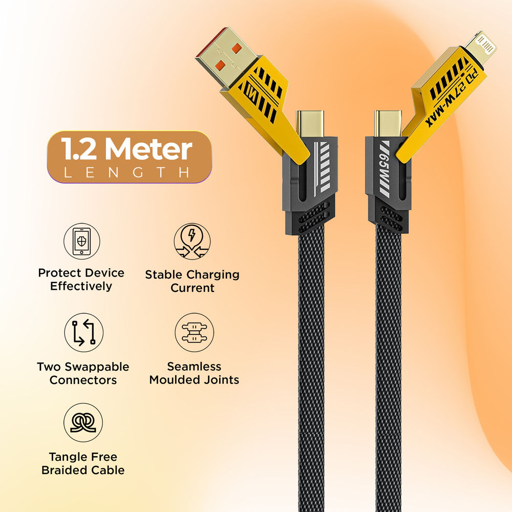 Gizmore 4 in 1 Multi Fast Charging Cable 65W| USB C to C| Lightning & Type C for iPhones| Android