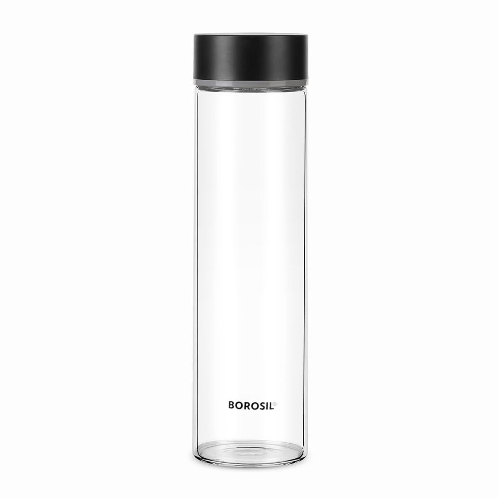 Borosil 550 ml Neo Water Bottle with Stainless Steel Lid, Borosilicate Glass Bottle for Fridge