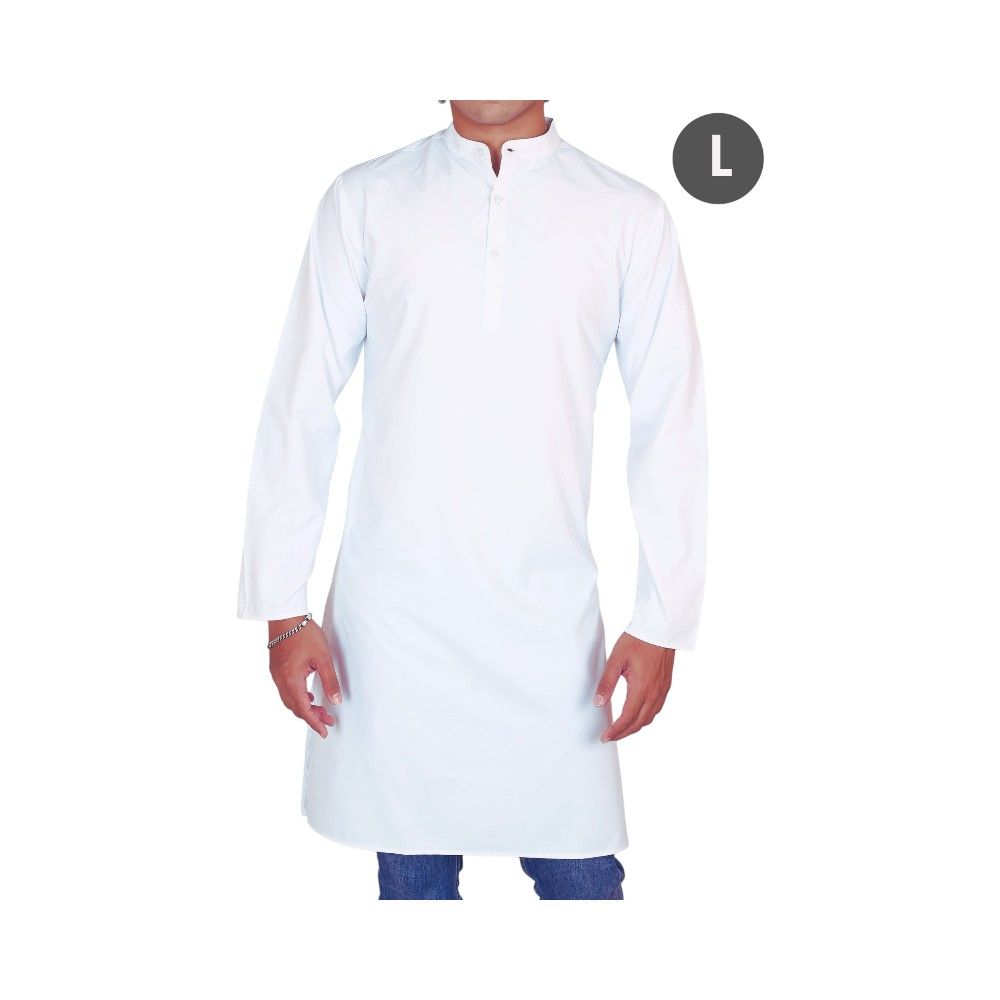EQL Men's Cotton Linen Button Placket Long Kurta for Men | White - L