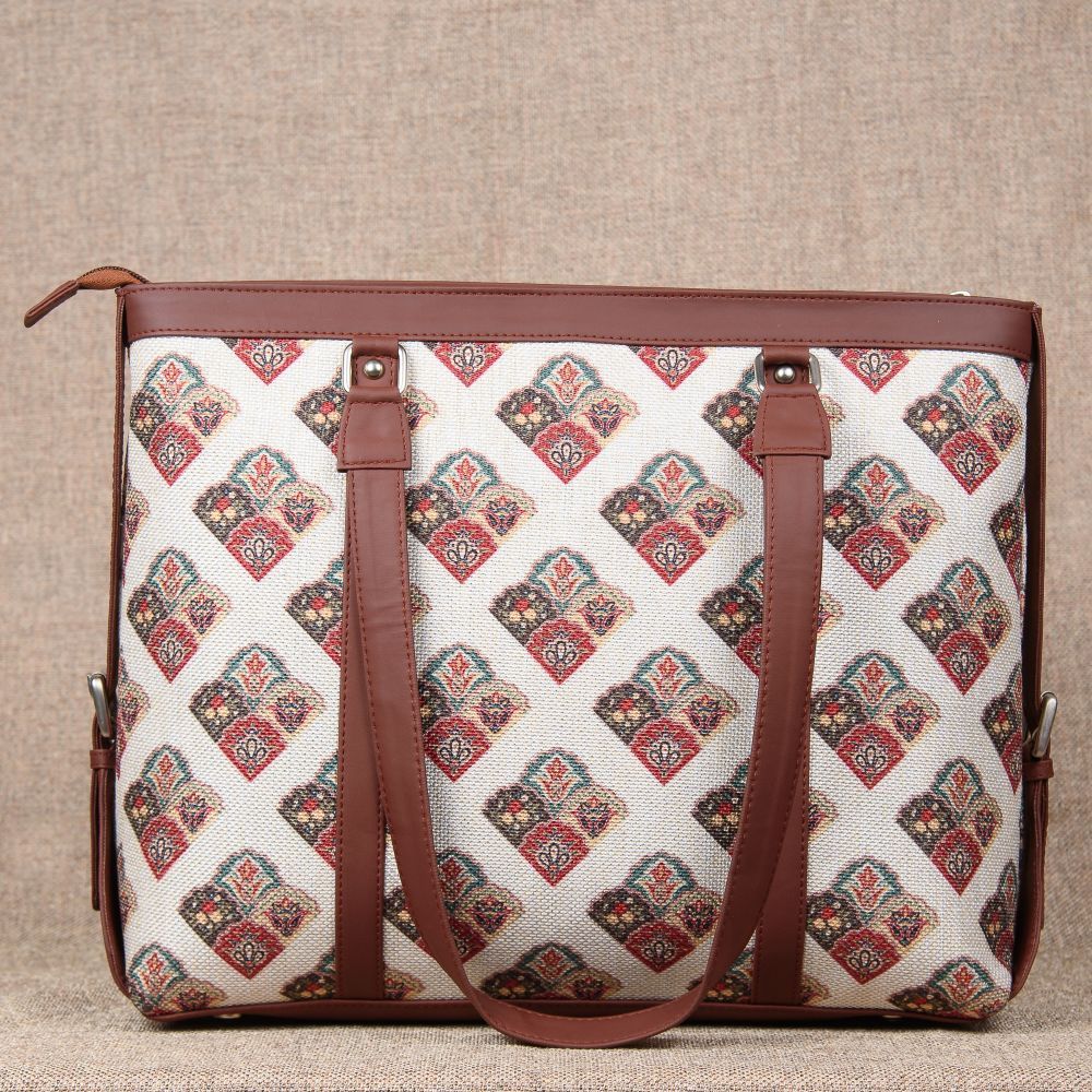 Zouk Women's Seashell Moif Vegan Leather & Handcrafted Fabric 13.8L Double Strap Office Bag | White