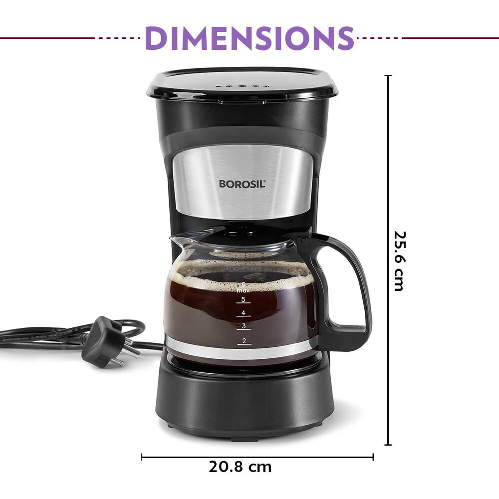 Borosil 550W Brew Pro Drip Coffee Machine Borosilicate Glass Carafe (600 ml),6 Cups Capacity,