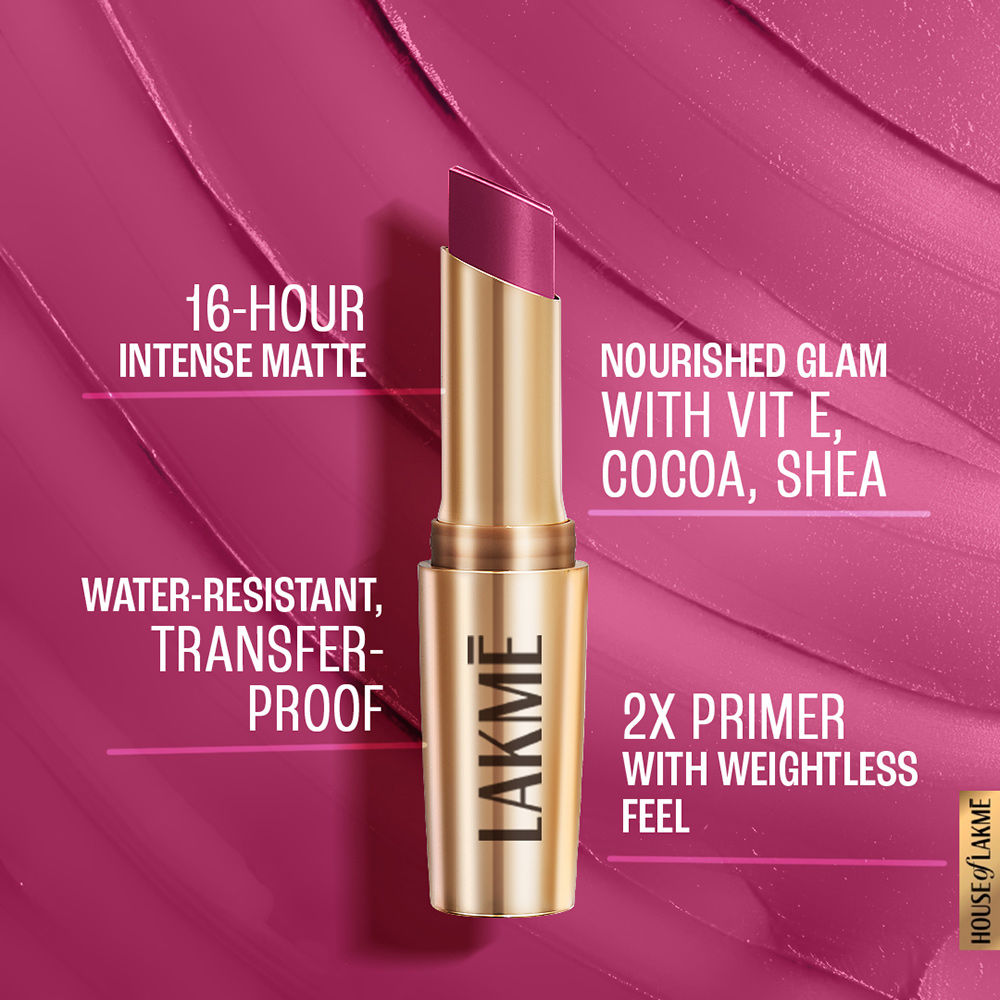 Lakme 9to5 Powerplay Priming Matte Lipstick, Lasts 16hrs, Plum Pick