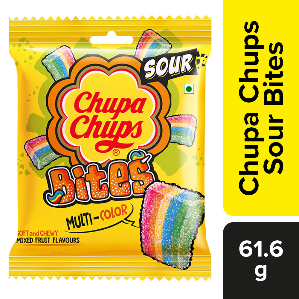 Chupa Chups Sour Bites Mixed Fruit Flavour Soft And Chewy Toffee 62 g Combo
