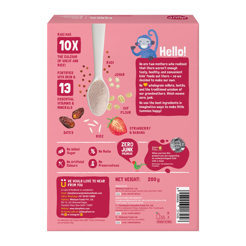 Slurrp Farm Ragi Rice Strawberry Instant Healthy Cereal | Mildly Sweetened With Date Powder