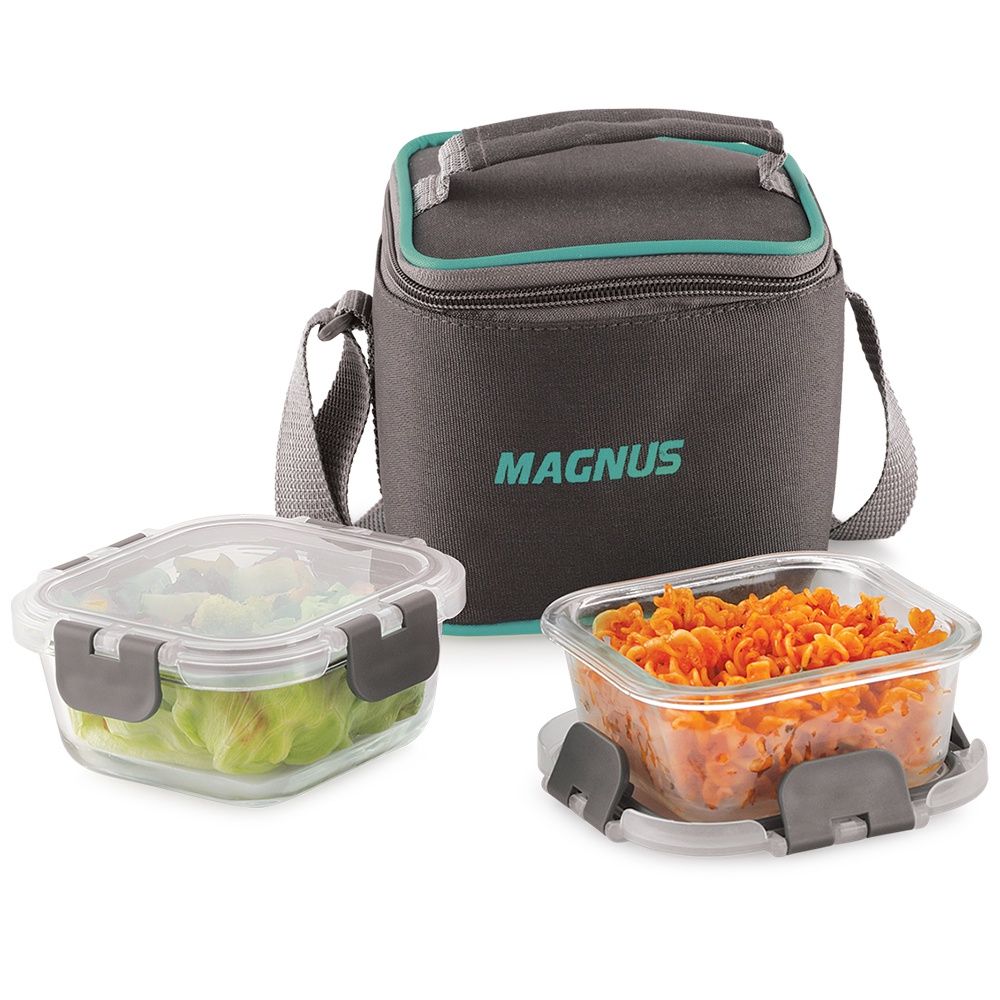 Magnus Glock Solid Glass Lunchbox - Vertical Pouch & 2 Square Borosilicate Containers | 320 ml Each