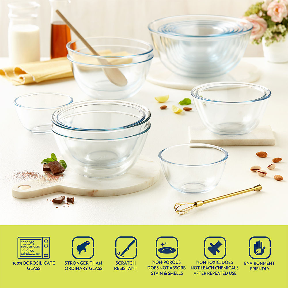 Borosil Mixing Bowl Set With Lid (900 ml)| Borosilicate Glass | Microwave Oven Safe