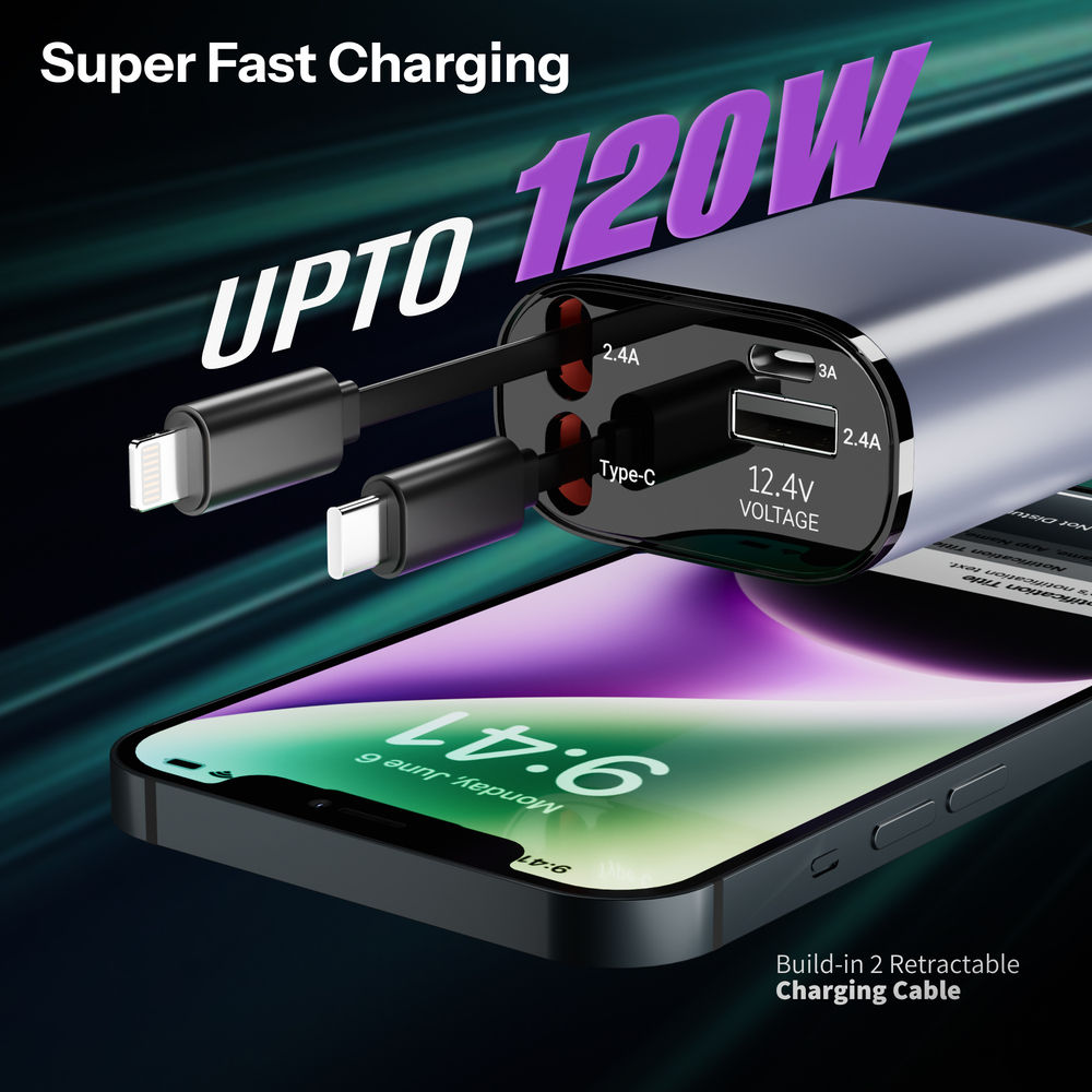 Ailkin 120W Retractable Car Charger 4-in-1 Fast Charger | USB-C & Lightning Cables | Dual USB Port