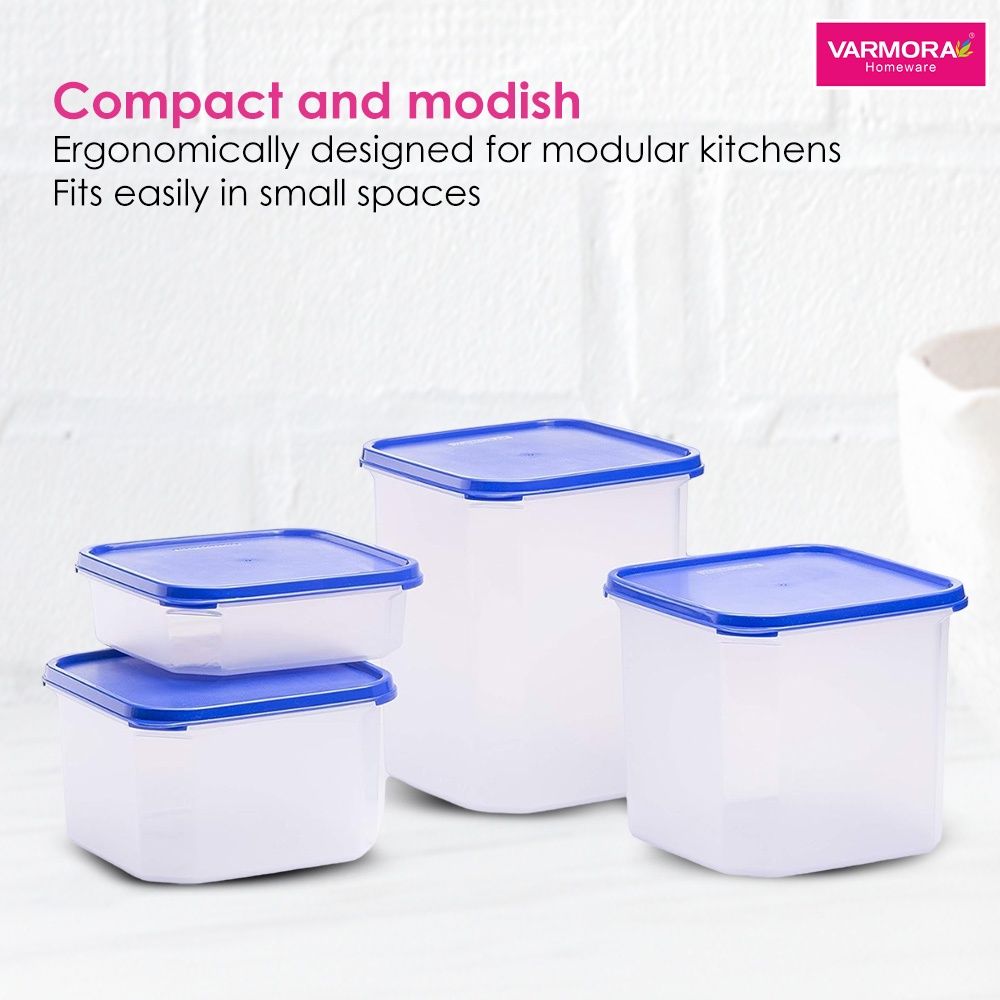 Varmora Magnum Square Storage Container Transparent- 4 pcs Set Blue lid-Air-Tight