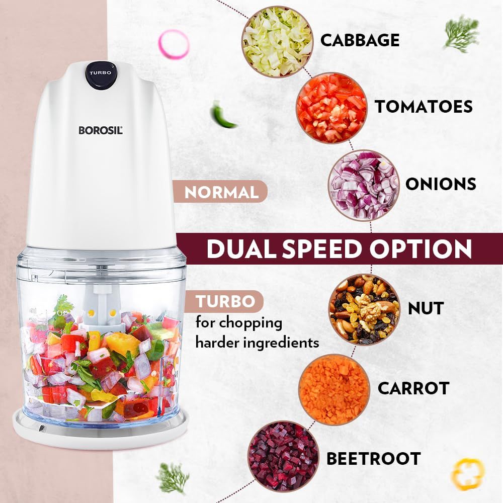 Borosil Chef Delite 260W Electric Chopper For Kitchen with Turbo Speed Option, Whisking Blade Cream