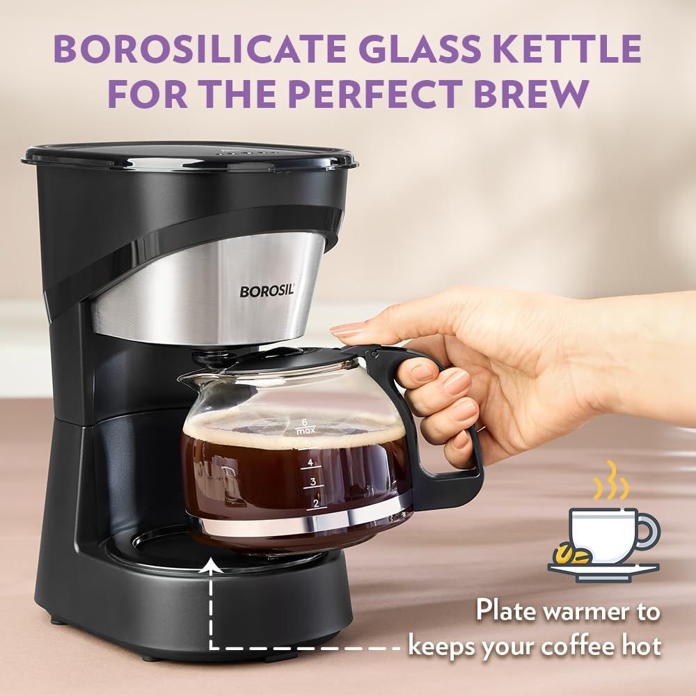 Borosil 550W Brew Pro Drip Coffee Machine Borosilicate Glass Carafe (600 ml),6 Cups Capacity,