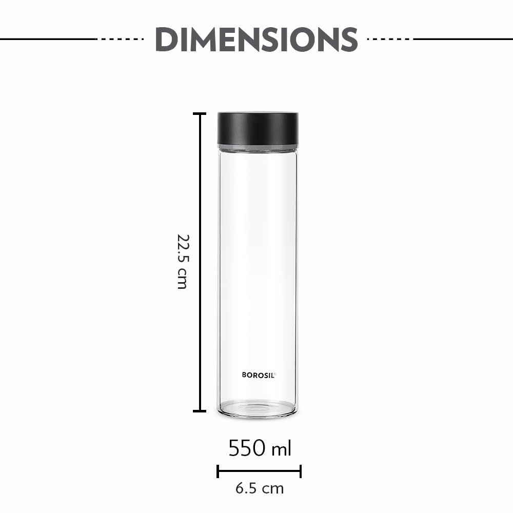 Borosil 550 ml Neo Water Bottle with Stainless Steel Lid, Borosilicate Glass Bottle for Fridge