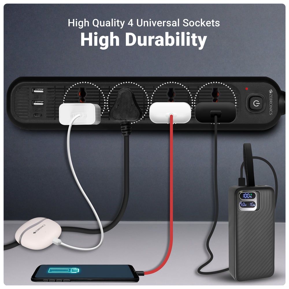Zebronics Power Bar 145 | 2000W | 1 x Type C Port | 4 x Universal Socket | 2 x USB Port | 5 m