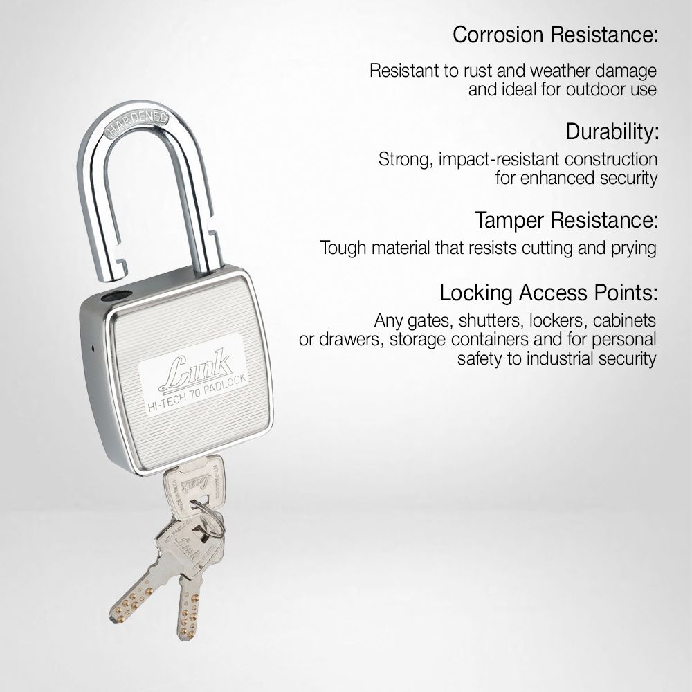 Link Stainless Steel Hi-Tech HT-70mm Lock with Hardened Shackle & 3 Keys