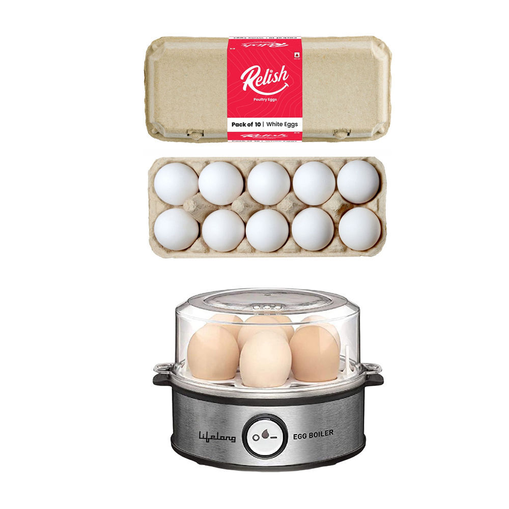 Lifelong Egg Boiler 360-Watt (Transparent And Silver Grey)(1pc) & Relish White Eggs(10pc) Combo
