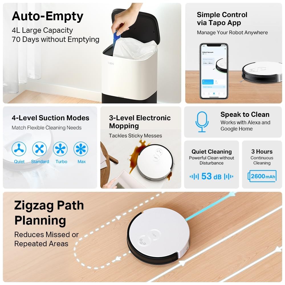 TP-Link Tapo RV10 Plus Robotic Vacuum Cleaner & Mop,4-Level 2000Pa Suction, Google Assistant & Alexa Compatible