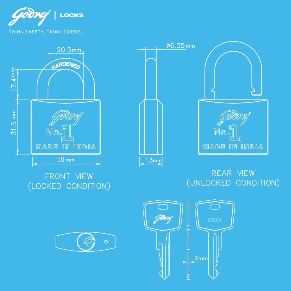 Godrej No. 1 50mm Padlock for Door with 3 Keys, Solid Brass Finish Main Door Lock for Home Gold
