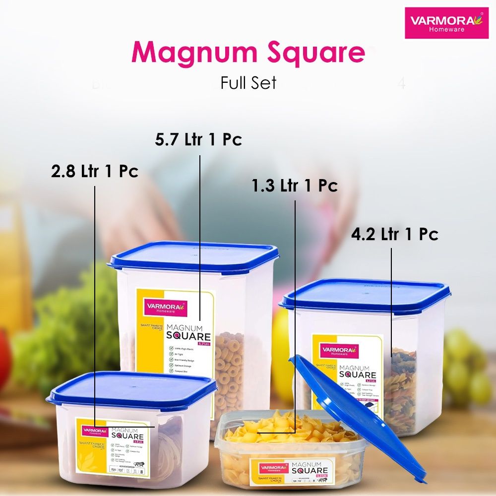 Varmora Magnum Square Storage Container Transparent- 4 pcs Set Blue lid-Air-Tight