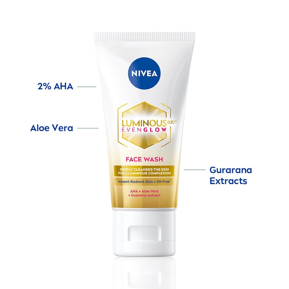 NIVEA Luminous Even Glow Face wash | Oil free formula, AHA, Aloe vera, Guarana Extract | Deep clean