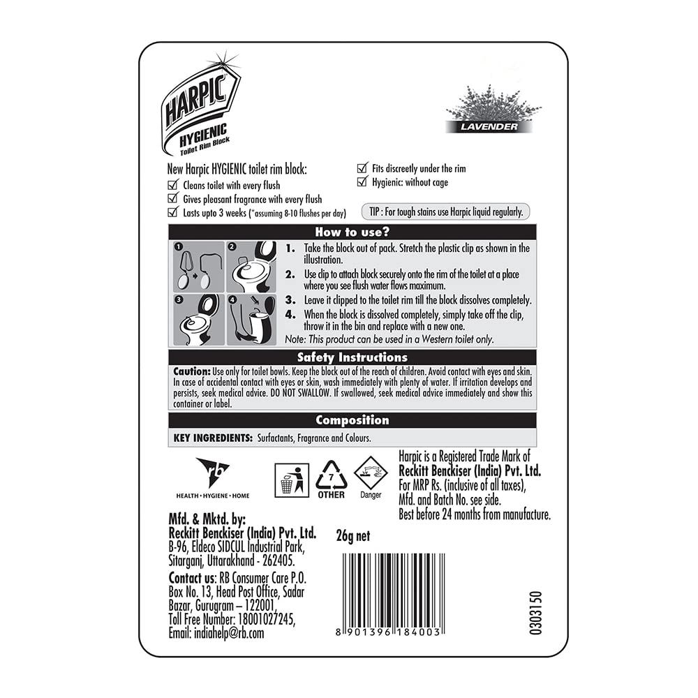 Harpic Hygienic Toilet Cleaner Rim Block Lavender 26 g Combo
