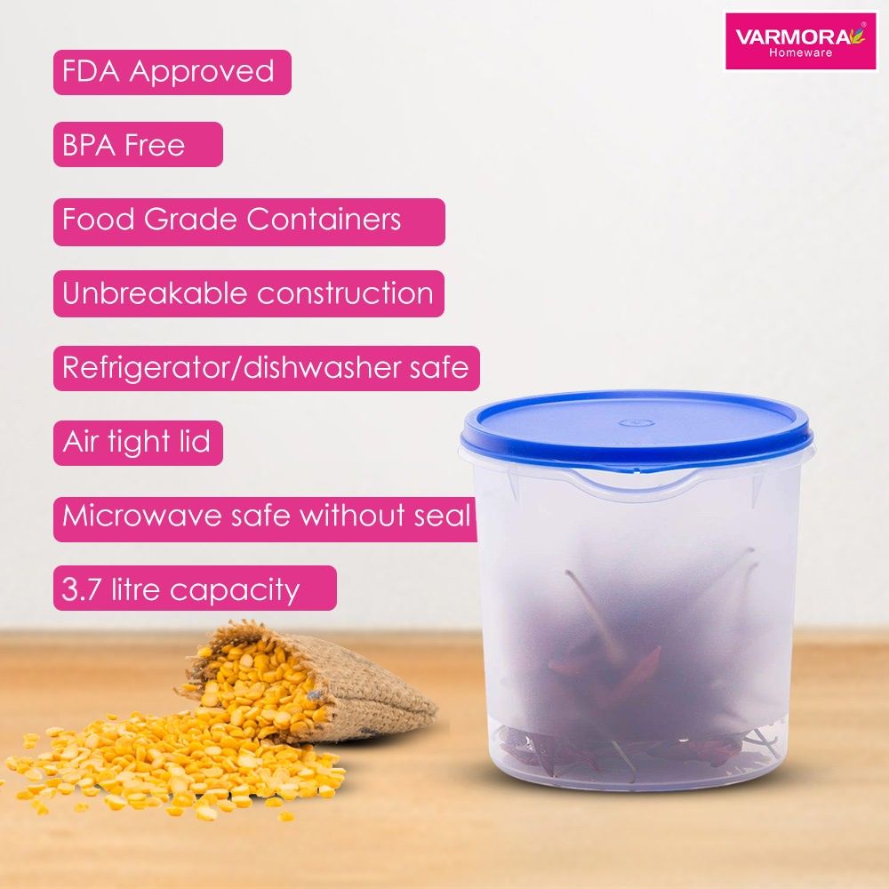 Varmora Magnum Round Plastic Storage Storage Container Transparent Air-Tight 3700ml- Blue