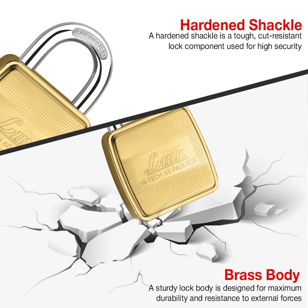 Link Brass Double Lock HT-60mm Padlock with Hardened Shackle & 3 Hi-Tech Keys