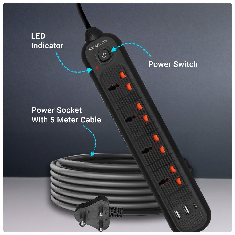Zebronics Power Bar 145 | 2000W | 1 x Type C Port | 4 x Universal Socket | 2 x USB Port | 5 m
