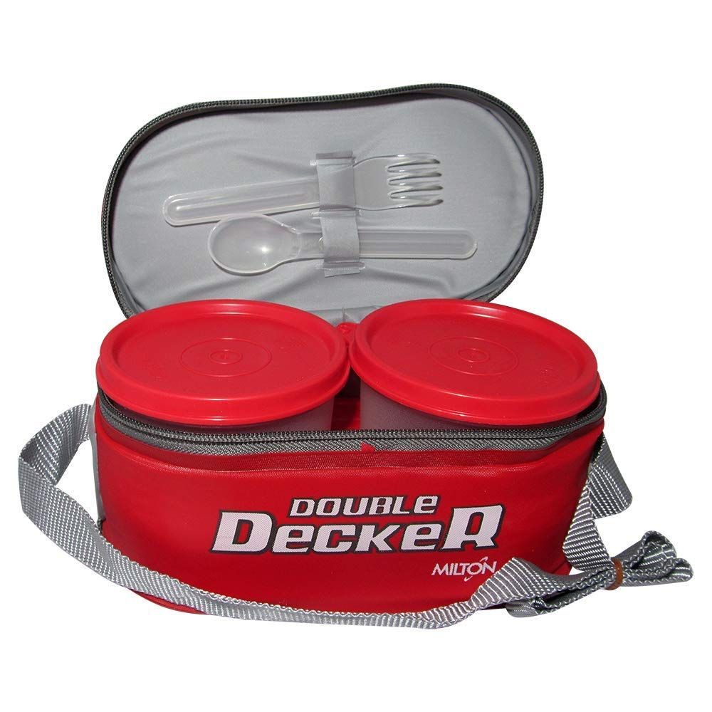 Milton Double Decker Lunch Box, Set Of 3, (450 Ml, 280 Ml, 280 Ml) Red, Microwave Safe