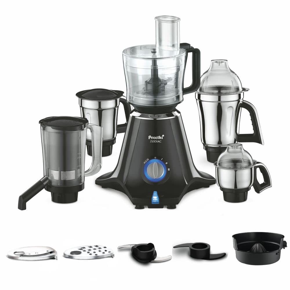 Preethi Zodiac Mixer Grinder For Kitchen | 750 Watt Mixie | 5 Jars - Black