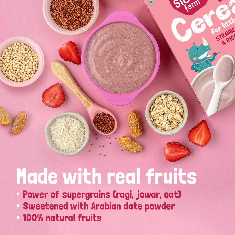 Slurrp Farm Ragi Rice Strawberry Instant Healthy Cereal | Mildly Sweetened With Date Powder