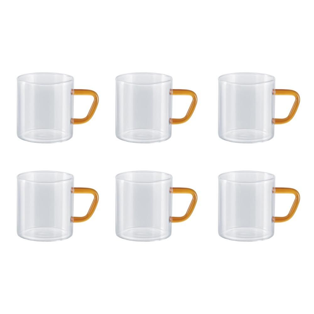 Borosil Vision Classic Mug Set With Yellow Handle (190 ml) | Borosillicate Glass | Microwave Safe