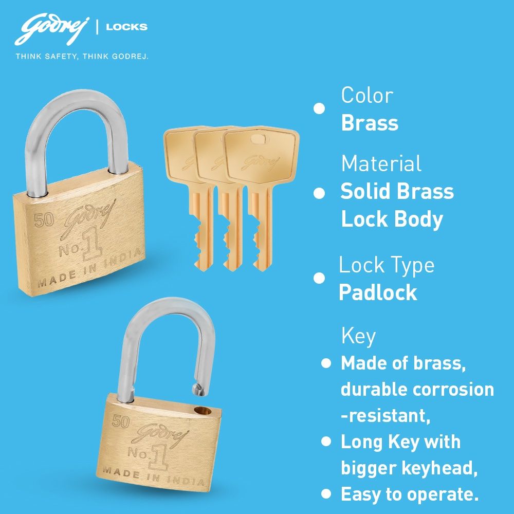 Godrej No. 1 50mm Padlock for Door with 3 Keys, Solid Brass Finish Main Door Lock for Home Gold