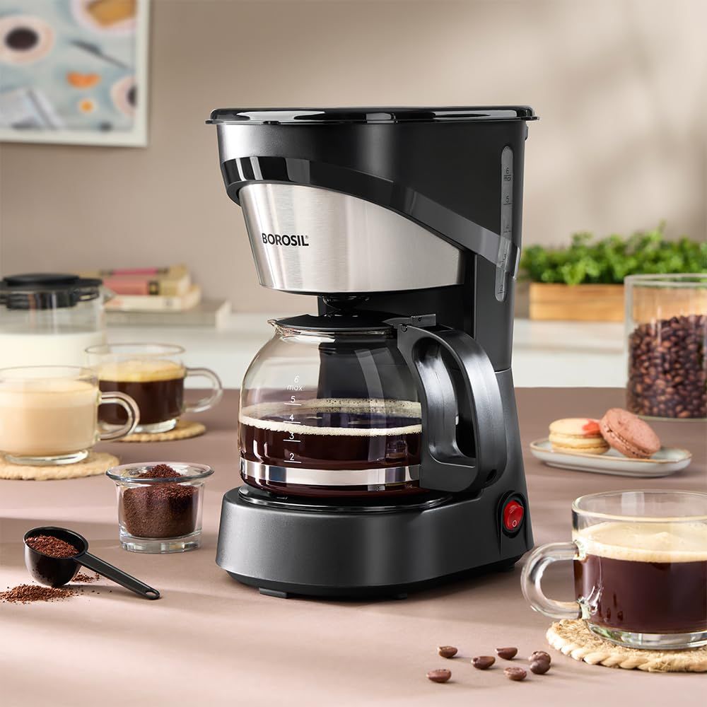 Borosil 550W Brew Pro Drip Coffee Machine Borosilicate Glass Carafe (600 ml),6 Cups Capacity,