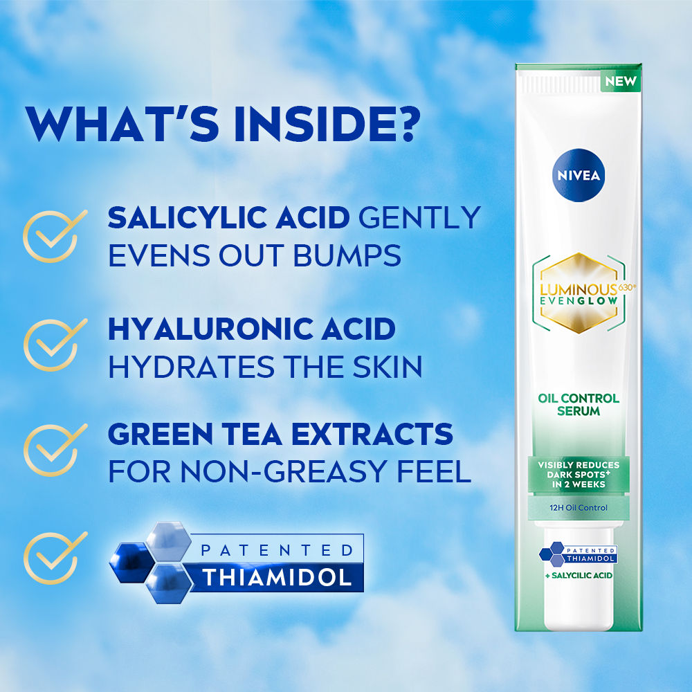 NIVEA Luminous Even Glow Oil Control Serum| Thiamidol, Salicylic, Hyaluronic Acid| Reduces Dark Spot