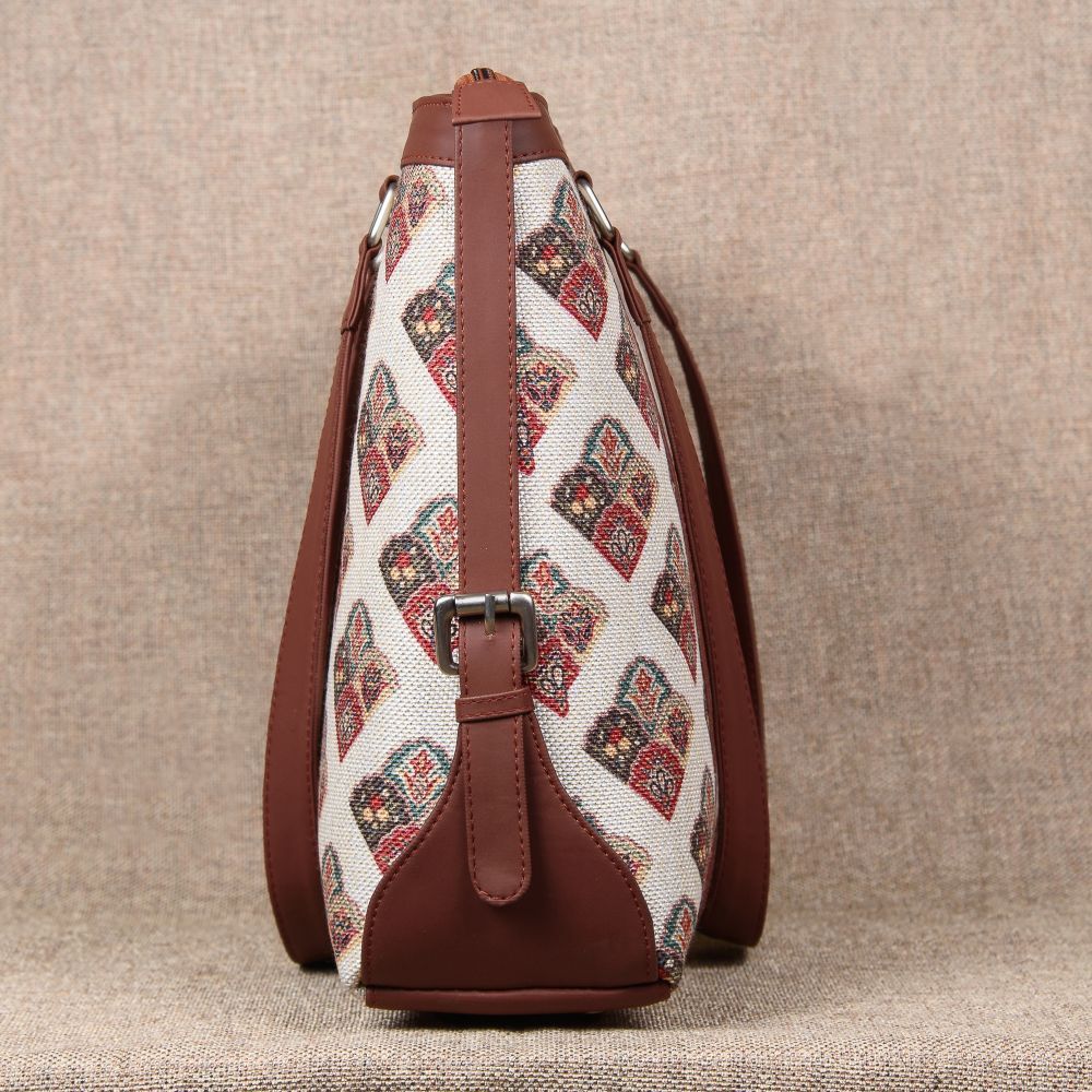 Zouk Women's Seashell Moif Vegan Leather & Handcrafted Fabric 13.8L Double Strap Office Bag | White