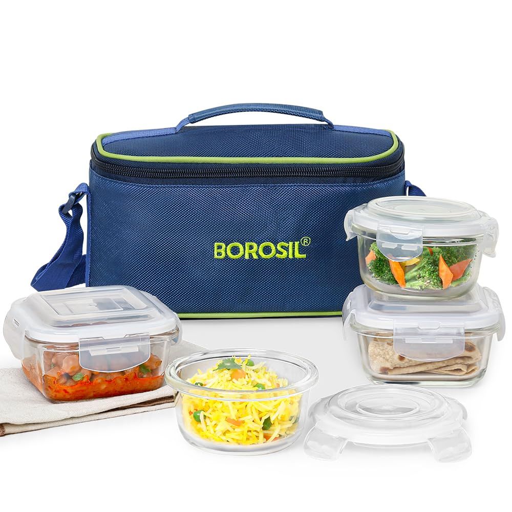 Borosil Klip n Store Universal Lunchbox, Set of 4 (320ml x 2 Square + 240ml x 2 Round)